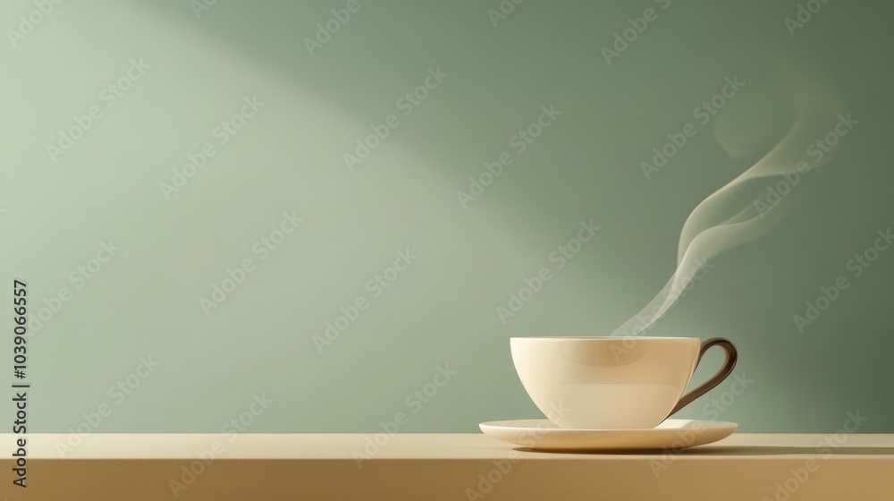 Poster a tea cup rests on a surface, with gently curling steam rising, creating a peaceful atmosphere perfe