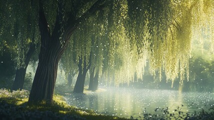 A serene landscape featuring a tranquil lake surrounded by lush greenery. At the forefront, tall, slender willow trees dominate the scene with their long, sweeping branches gently brushing the ground.