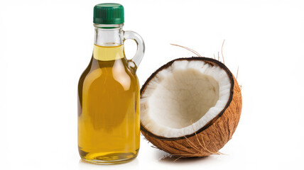 A bottle of coconut oil next to a whole coconut. The bottle is green and the coconut is white