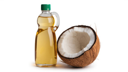 A bottle of coconut oil next to a whole coconut. The bottle is green and the coconut is brown