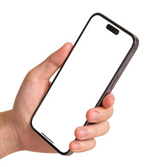 Hand holding smartphone with blank screen isolated on white background.