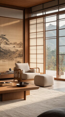Minimalist japandi interior design of modern living room with accent armchair