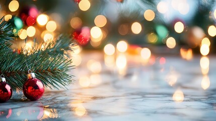 Obraz premium A close-up of a Christmas ornament on a table with a clear background of lights behind it