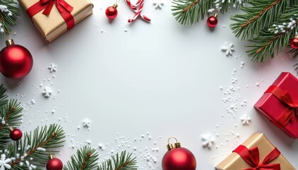 Copy space in the middle, surrounded with Christmas stuff tiny Christmas gifts, reindeer antlers, falling snow, copy space