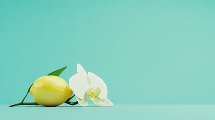   A lemon next to a flower on a blue background with a light green background