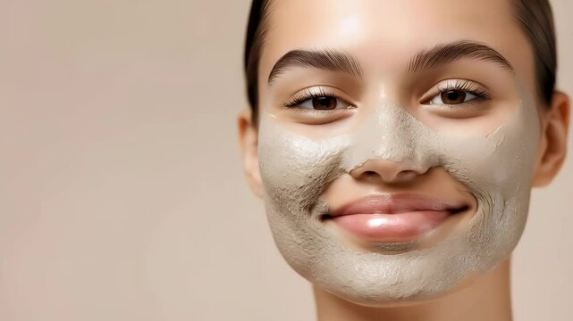 Smiling woman with clay facial mask on light beige background. Skincare and spa treatment concept. Beauty and wellness. Natural cosmetic products	