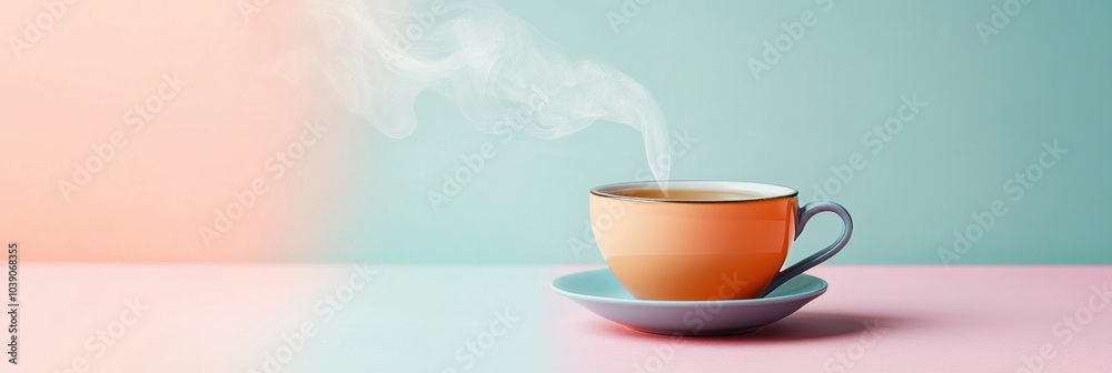 Poster a steaming tea cup rests on a pastel-colored table, releasing gentle wisps of steam in a tranquil se