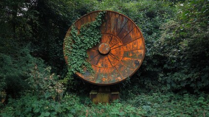 Fototapeta premium Rusted satellite dish overgrown with vines, representing humanity lost connection with technology and the Earth's gradual takeover of once-advanced infrastructure