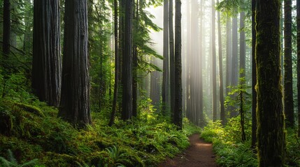   A winding trail in the heart of a dense woodland, flanked by towering trees and verdant ferns on either side