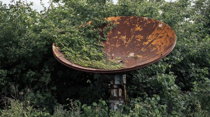 Rusted satellite dish overgrown with vines, representing humanity lost connection with technology and the Earth's gradual takeover of once-advanced infrastructure