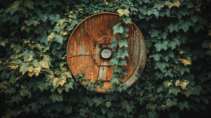 Fototapeta premium Rusted satellite dish overgrown with vines, representing humanity lost connection with technology and the Earth's gradual takeover of once-advanced infrastructure