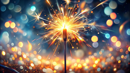 A close-up of a burning sparkler, creating a dazzling display of light and sparks against a dark background.

