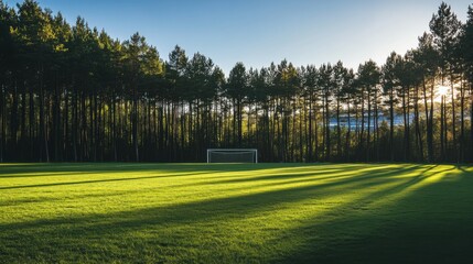 Obraz premium A tranquil outdoor soccer field with white goalposts and a distant stadium, surrounded by tall pine trees, early evening light creating long shadows