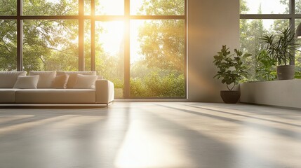 Obraz premium Industrial loft living room with modern sofa, sun rays entering through large windows, polished concrete floor, simple decor, warm natural light
