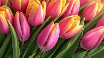 Naklejka premium A colorful, eye-catching banner showcasing a bouquet of bright pink and yellow tulips