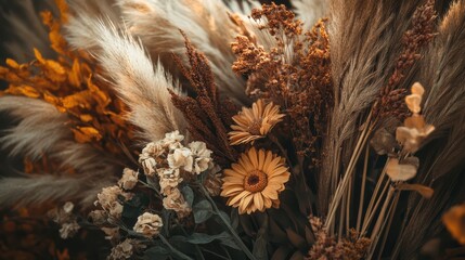 A cozy banner featuring a rustic bouquet of dried flowers and pampas grass, with earthy tones and a warm, welcoming vibe for a boutique flower shop