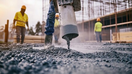 A dynamic shot of construction workers pouring and leveling concrete for a new industrial warehouse floor, Industrial warehouse construction scene, Industrial and functional style