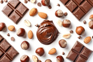 Jar of chocolate paste, nuts and chocolate on white background