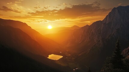 A breathtaking landscape scene captures a sunset over a serene valley surrounded by majestic mountains. The sun casts a warm golden hue across the sky, blending with soft clouds, while its rays illumi