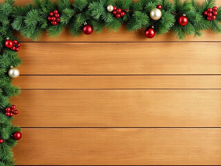 christmas garland mock up copy space, wooden background, merry christmas and happy new year