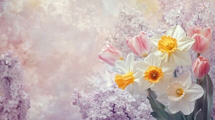 A fresh, spring-inspired banner with a bouquet of daffodils, tulips, and lilacs, with soft, pastel backgrounds that evoke the renewal of the season