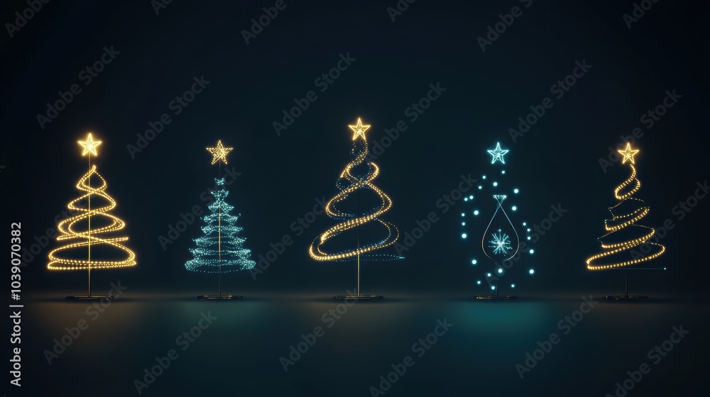 Poster glowing lines form minimalist silhouettes of christmas trees and ornaments, adding a festive touch a