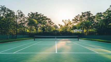 A tranquil outdoor tennis court with a well-maintained surface and neatly arranged practice equipment, surrounded by open fields and a bright blue sky