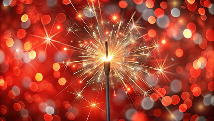 Glittering burning sparkler against blurred bokeh light background, perfect for New Year's Eve celebration.
