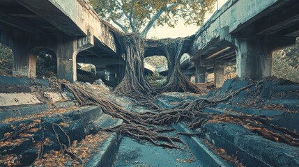 A gripping shot of a crumbling overpass, its concrete split apart by growing tree roots, symbolizing the unstoppable force of nature as it dismantles the last traces of human infrastructure