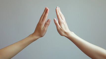Two hands giving high five with neutral background, symbolizing success, teamwork, and mutual support in a minimalist visual style