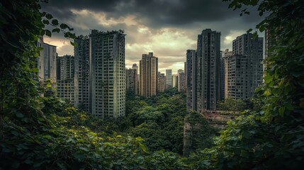 Obraz premium An abandoned city overtaken by nature, where skyscrapers are crumbling under the weight of vines and trees, symbolizing the Earth's reclamation of what remains of human civilization