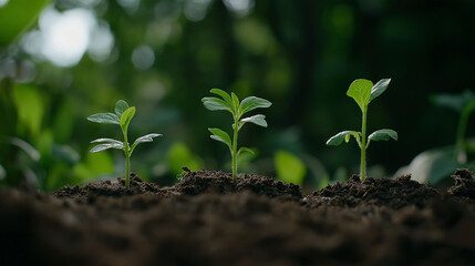 Fototapeta premium Small green seedlings growing in fertile soil, representing new beginnings, growth, and sustainability in natural environment