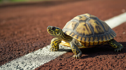 Obraz premium Turtle on a running track in sunlight, emphasizing resilience, patience, and the journey towards achieving success against the odds.