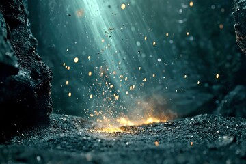 Sparks Fly from a Glowing Light Source in a Dark Cave