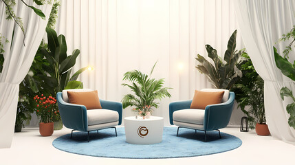 Serene Living Room Oasis:  A calming and inviting living room interior design with two blue armchairs, a round coffee table, and lush green plants, creating a serene and tranquil atmosphere.  