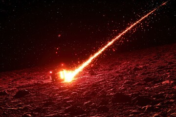 A glowing comet streaks across a red-tinged alien landscape