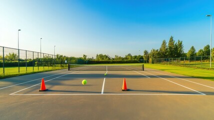 Fototapeta premium A tranquil outdoor tennis practice area with a well-maintained surface and neatly placed practice cones, surrounded by open fields and a bright blue sky, early afternoon light creating a calm ambiance