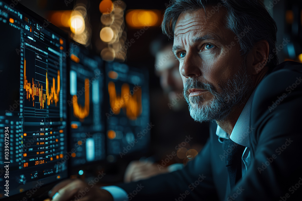 Poster traders analyzing market data on multiple computer screens, searching for patterns that could influe