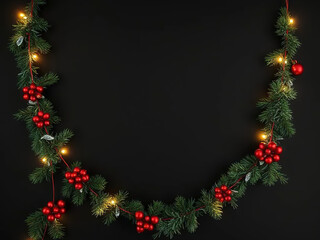 christmas garland mock up copy space, black background, merry christmas and happy new year