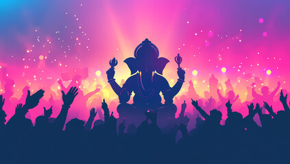 Ganesha's Blessing: A vibrant celebration of the Hindu deity Ganesha, depicted in a silhouette with raised hands against a colorful backdrop, symbolizing blessings, good fortune.