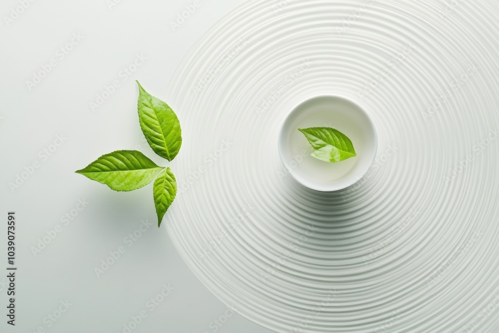 Poster fresh tea leaves rest beside a small bowl of brewed tea, showcasing simplicity and calmness in a min
