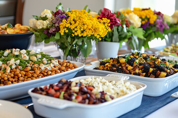 Colorful plant based holiday meal spread with vibrant floral arrangements on the table