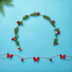 christmas garland mock up copy space, blue background, merry christmas and happy new year