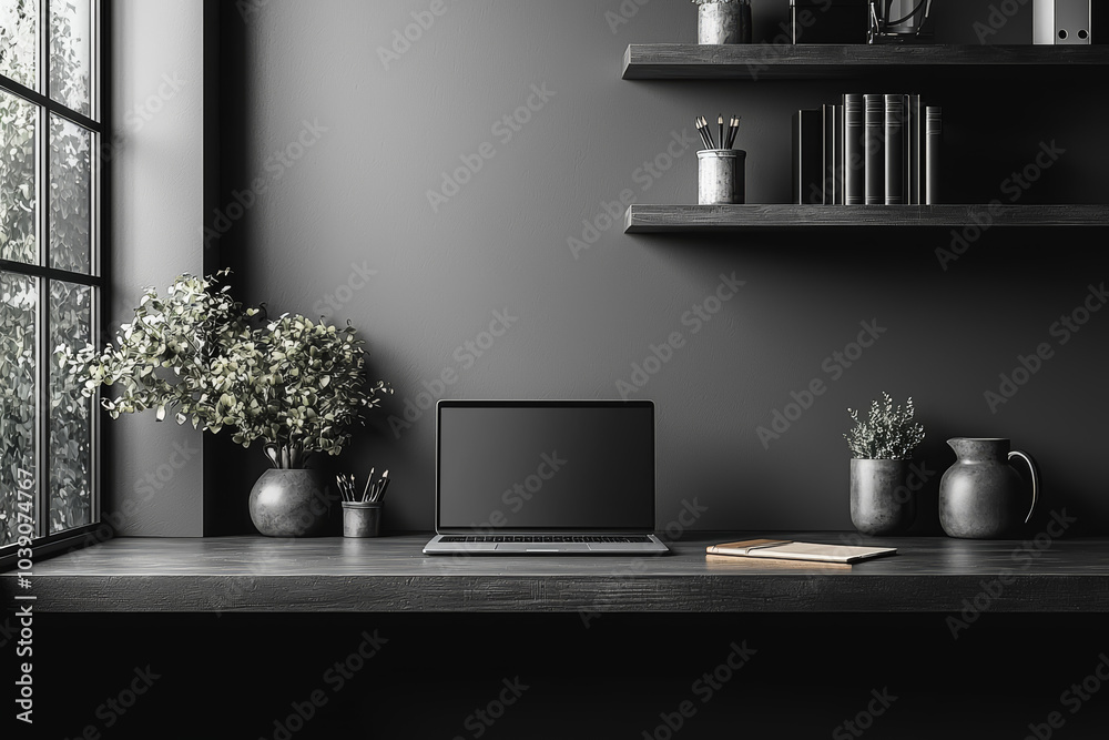 Poster a minimalist workspace with only a laptop and a notebook, designed to enhance focus and reduce distr