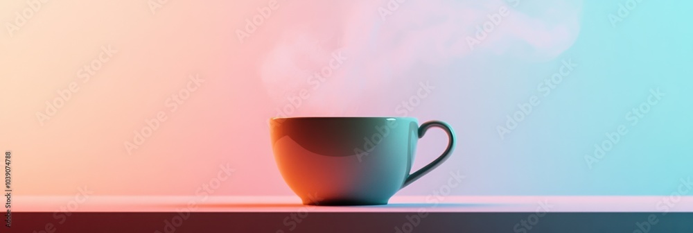 Poster a steaming tea cup sits on a table, exuding warmth and inviting calmness in a soft morning atmospher