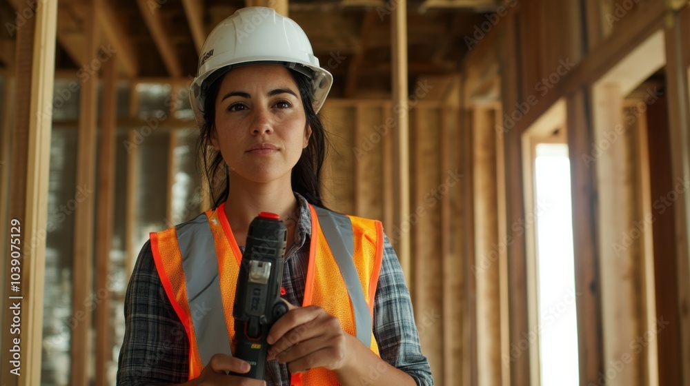 Poster a female carpenter in a reflective vest and hard hat, holding a level and standing in front of a new