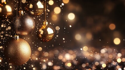 Golden Holiday Ornaments Sparkle in Warm Festive Lights Against Dark Background