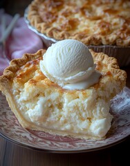 A slice of creamy pie topped with a scoop of ice cream on a decorative plate.