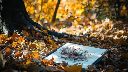 A serene autumn scene captures a fallen sketchbook resting on a bed of vibrant yellow and orange leaves. The sketchbook features a delicate drawing of a landscape, hinting at a peaceful nature scene. 