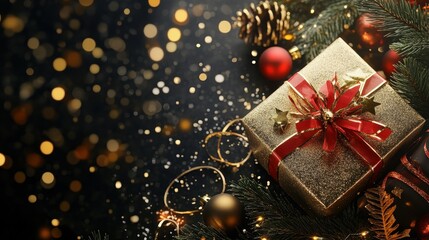 Festive Christmas Gift with Red Ribbon Amid Golden Holiday Decorations and Pine Boughs